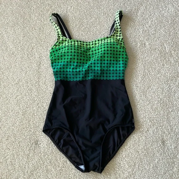 Reebok Women’s One Piece Swimsuit Square Neck Green Ombré Geometric Pattern - Picture 1 of 10